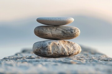 Three stones balancing on top of each other on a rock in front of the ocean