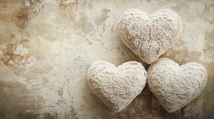 Obraz premium Three lace heart shapes on a textured background with a vintage and romantic aesthetic