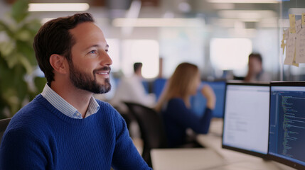 Obraz premium Collaborative IT Workspace with Diverse Team Engaged in Discussion