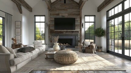Modern rustic living room with large windows overlooking a serene outdoor landscape
