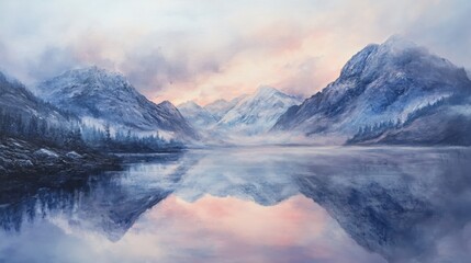 Serene mountain lake reflection with soft pink sky and misty blue peaks in a painted style