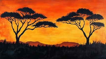 African landscape painting with silhouetted trees and hills against a warm orange sky