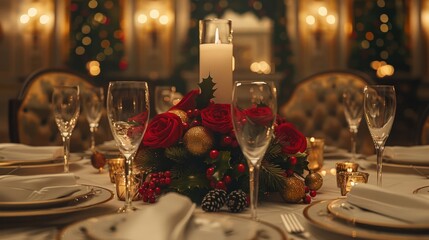 Fototapeta premium Elegant Christmas dinner table setting with candles, roses, and festive decorations in a cozy restaurant