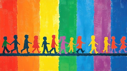 Children walking rainbow path, diversity, unity, hope