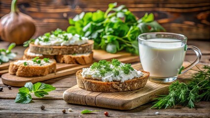 Crusty whole grain bread with creamy quark cheese spread on a wooden table, surrounded by fresh herbs and a glass of cold milk , morning, breakfast