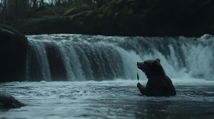 Fototapeta premium A bear stands in a river near a waterfall, capturing a serene moment in nature.