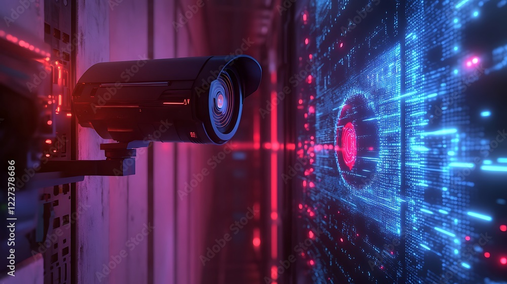 Aufkleber An AI-powered surveillance camera featuring a glowing red light, ideal for security applications and technology showcases.
