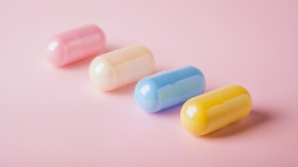Colorful medication capsules on pink background. Ideal for pharmaceutical advertising, healthcare services and medical treatment concepts