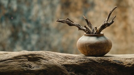 Fototapeta premium Minimalist zen arrangement with dried branches in pottery. Ideal for meditation spaces, wellness centers and eastern philosophy concepts