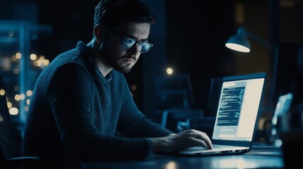 A man wearing glasses is working on his laptop at night in an office setting