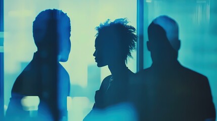 Silhouettes of three people in a blue toned office setting with a window background