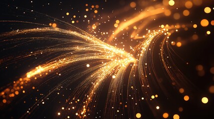 Obraz premium Golden light trails and bokeh effect on a dark background creating a magical abstract scene