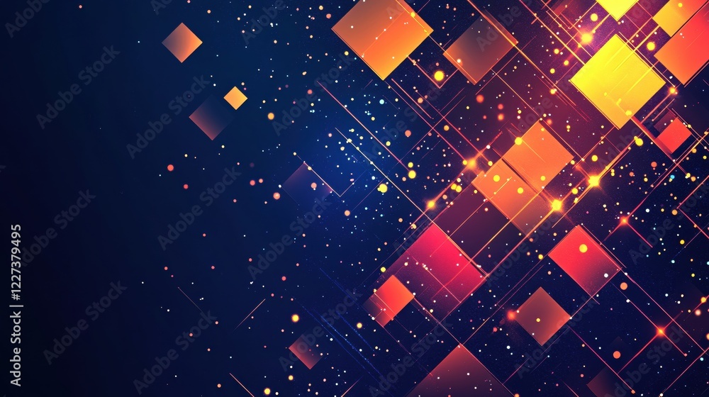 Poster abstract digital design with glowing squares and particles on a dark blue background