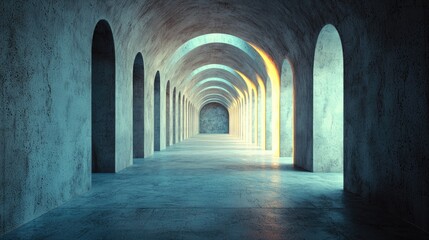 Light beams in arched hallway; abstract architecture background; design, interior, concept