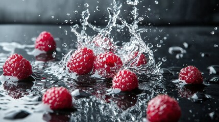 Fresh raspberries with water splashes on a black background