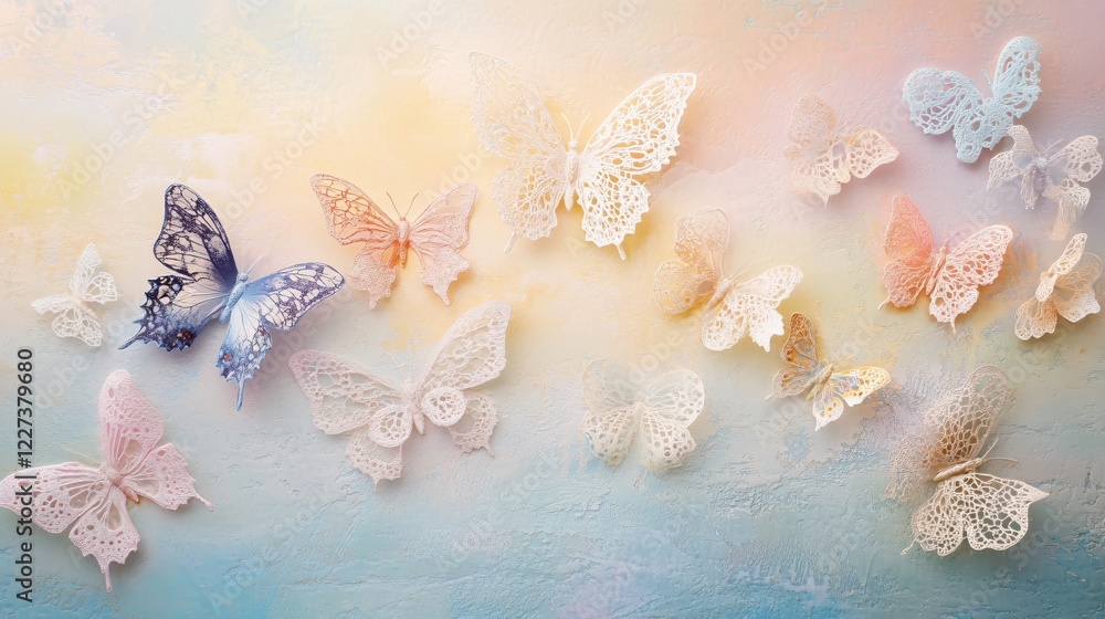 Poster delicate butterfly collection on a pastel textured background with soft colors and lace patterns