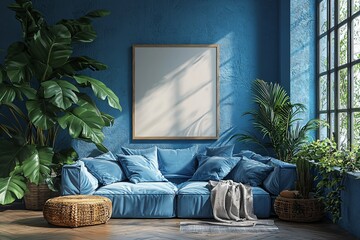 Blue Couch Surrounded By Green Plants With Frame On Blue Wall Inside Light Filled Room.