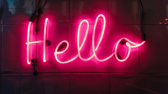 Bright pink neon hello sign on tiled wall for modern decor and vibrant atmosphere