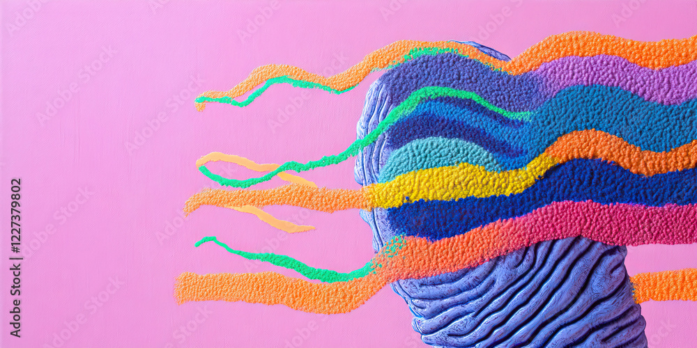 Poster abstract composition with textured purple form and multicolored lines