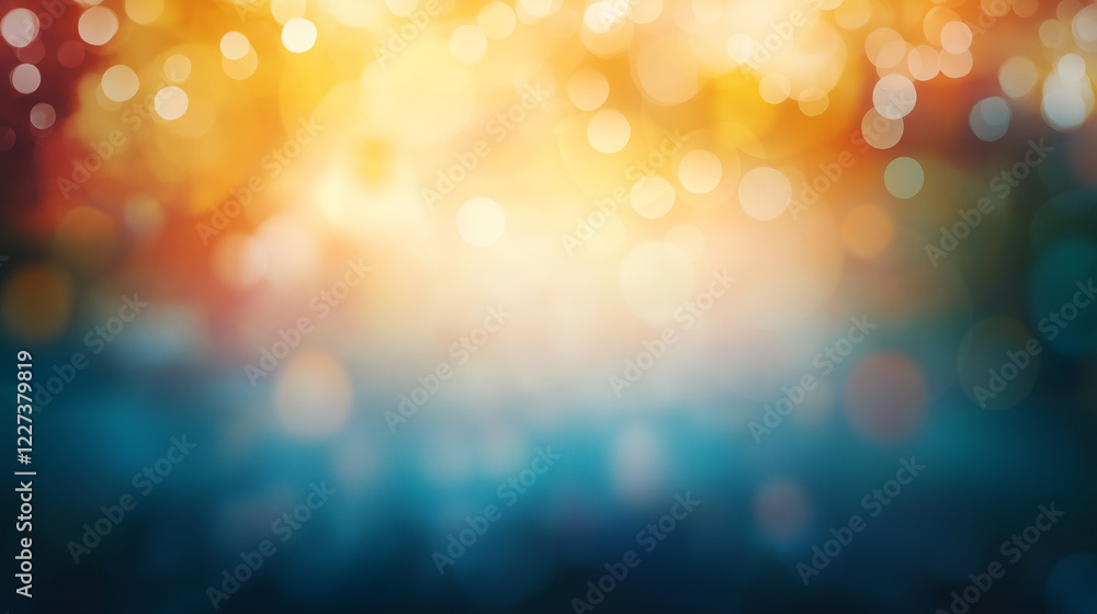 Poster Vibrant abstract bokeh background with warm orange and cool blue gradient. Soft glowing circular light spots creating a dreamy and ethereal atmosphere with smooth texture and blurred effect.