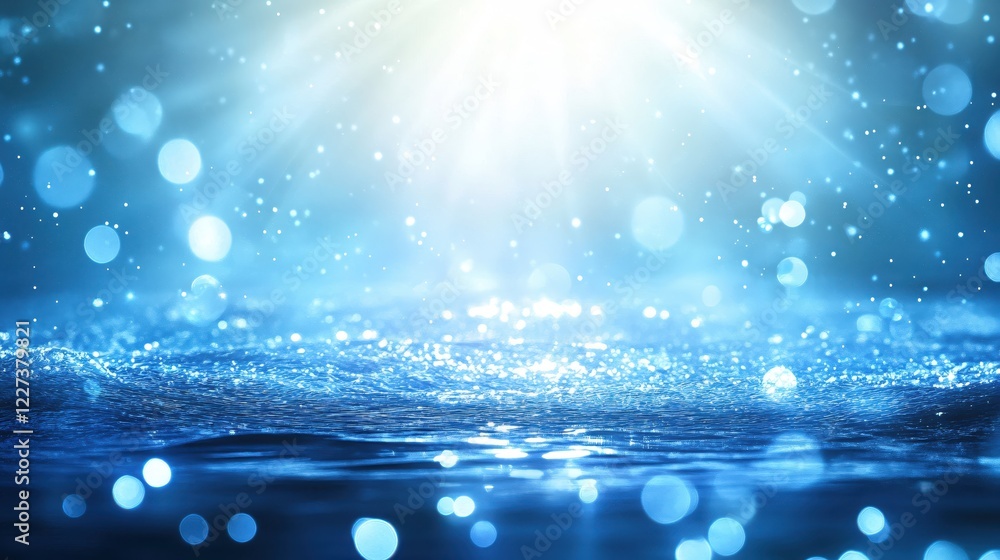 Poster Sparkling water surface with bright light and bokeh effect creating a serene and magical scene