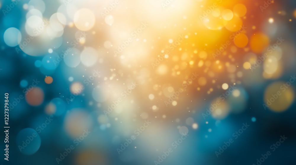 Poster Vibrant abstract bokeh background with warm orange and cool blue gradient. Soft glowing circular light spots creating a dreamy and ethereal atmosphere with smooth texture and blurred effect.