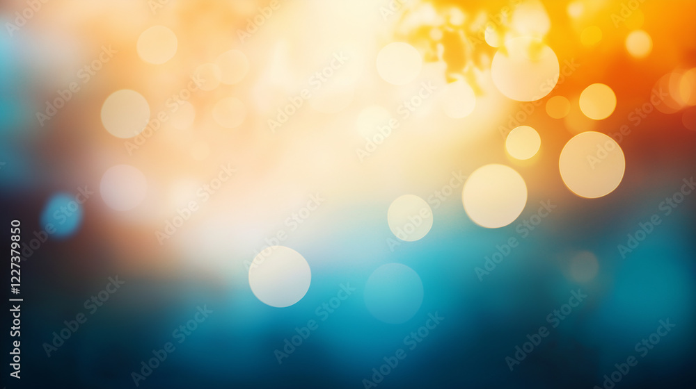 Poster Vibrant abstract bokeh background with warm orange and cool blue gradient. Soft glowing circular light spots creating a dreamy and ethereal atmosphere with smooth texture and blurred effect.