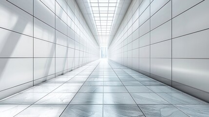 A bright and modern corridor with glossy tiles leading to a luminous exit, showcasing minimalistic design