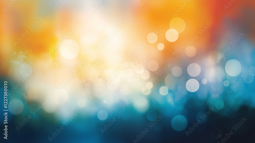 Poster Vibrant abstract bokeh background with warm orange and cool blue gradient. Soft glowing circular light spots creating a dreamy and ethereal atmosphere with smooth texture and blurred effect.