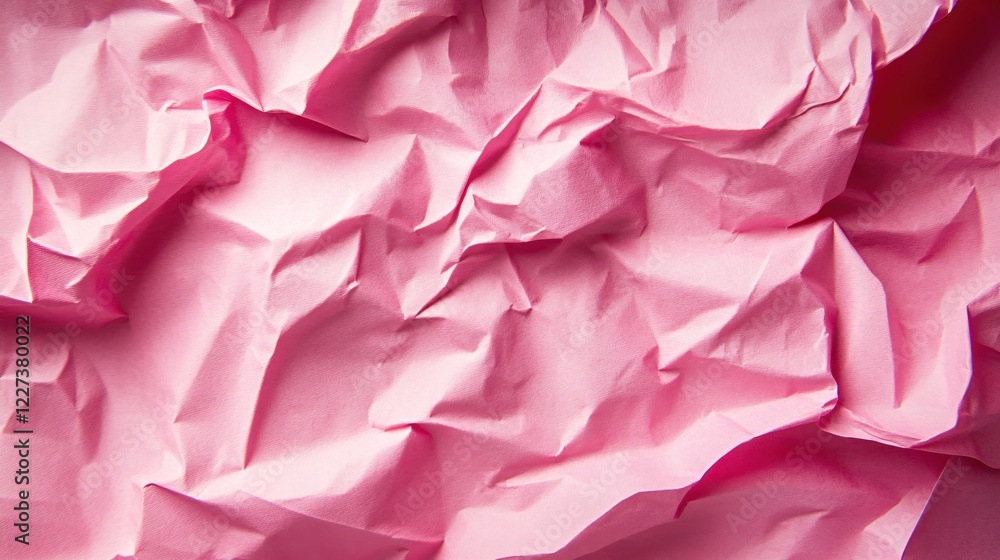 Poster pink crumpled paper texture with soft lighting creating abstract patterns and shadows