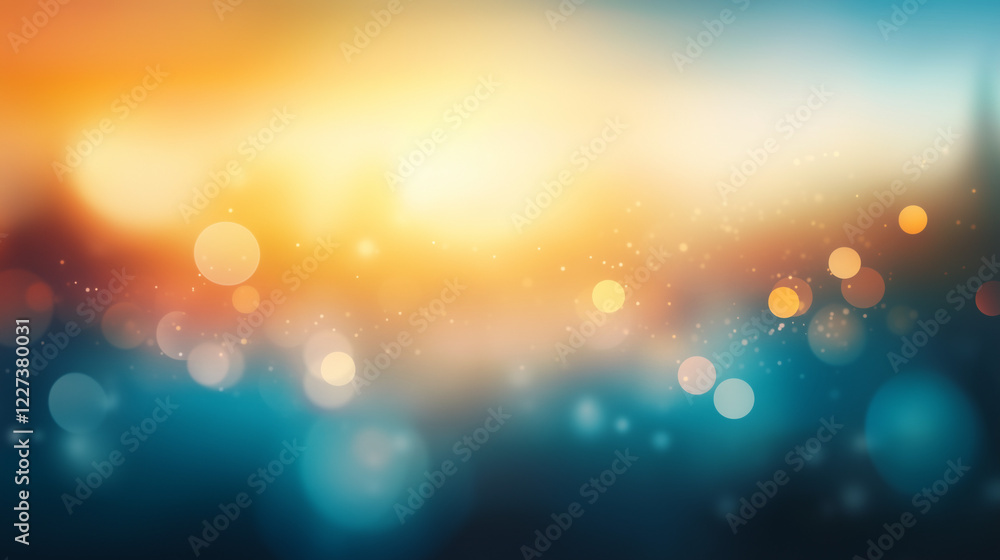Fototapete Vibrant abstract bokeh background with warm orange and cool blue gradient. Soft glowing circular light spots creating a dreamy and ethereal atmosphere with smooth texture and blurred effect.