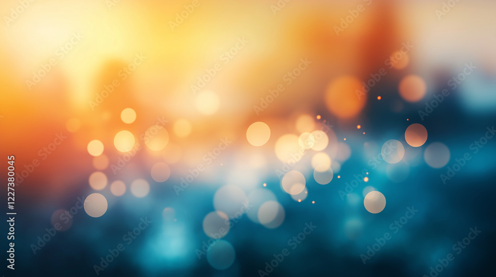 Poster Vibrant abstract bokeh background with warm orange and cool blue gradient. Soft glowing circular light spots creating a dreamy and ethereal atmosphere with smooth texture and blurred effect.