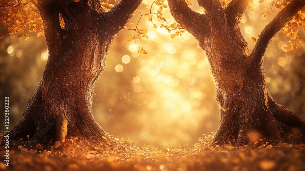 Aufkleber golden light filters through two autumn trees creating a magical and serene forest scene