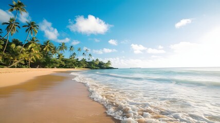 Tropical Beach at Sunset with Palm Trees and Golden Sand
