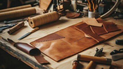 Scene of a leather crafting setup. Featuring leather pieces, tools, and stitching materials. Highlighting the process of leatherwork. Ideal for DIY and craft blogs.
