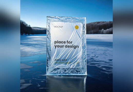 Page Poster Mockup in Piece of Ice on Frozen Lake Patagonia