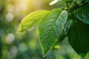 Obraz premium Fresh new green leaves growing on a tree branch in the spring sunshine