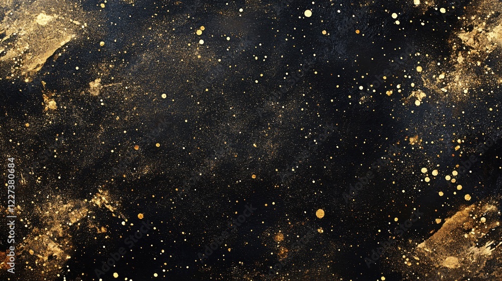 Poster abstract dark texture with golden paint spots and splatters creating a cosmic effect
