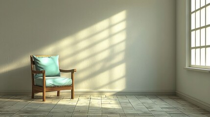 Fototapeta premium A serene interior scene featuring a turquoise armchair beside a sunlit window casting shadows