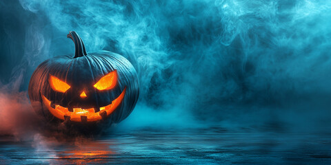 Naklejka premium Halloween night scene with glowing jack-o'-lanterns snd fog