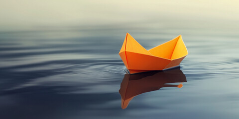 Obraz premium Bright Orange Paper Boat, Dark Water. Entrepreneur, Business way