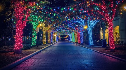 Fototapeta premium Festive trees with colorful lights lining a brick path at night creating a vibrant tunnel