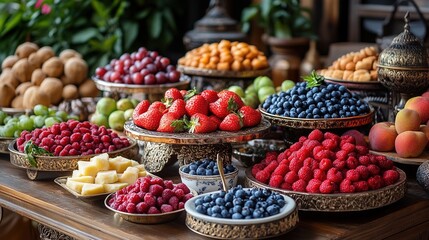 Fototapeta premium Fresh fruit and cheese buffet displayed on ornate trays at a market