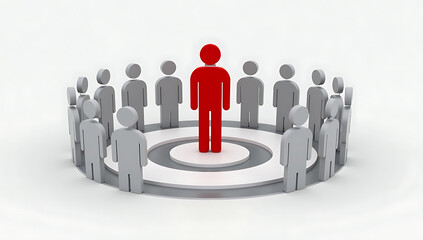 "Customer Segmentation Concept with Targeted Marketing Symbols" &ndash; A 3D illustration of a red human icon inside a circular boundary surrounded by grey human icons, symbolizing customer segmentation and