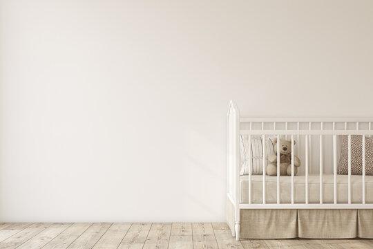 Nursery interior in romantic style. Interior mockup. 3d render.