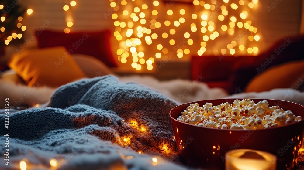 Poster cozy evening with popcorn and warm lights on a soft blanket in a comfortable setting