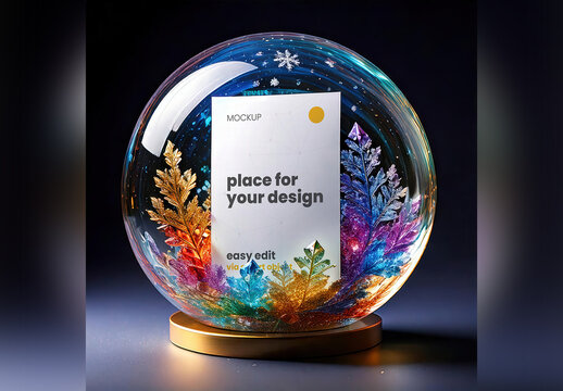 Page Poster Mockup inside Snowball Glass with Colorful Details