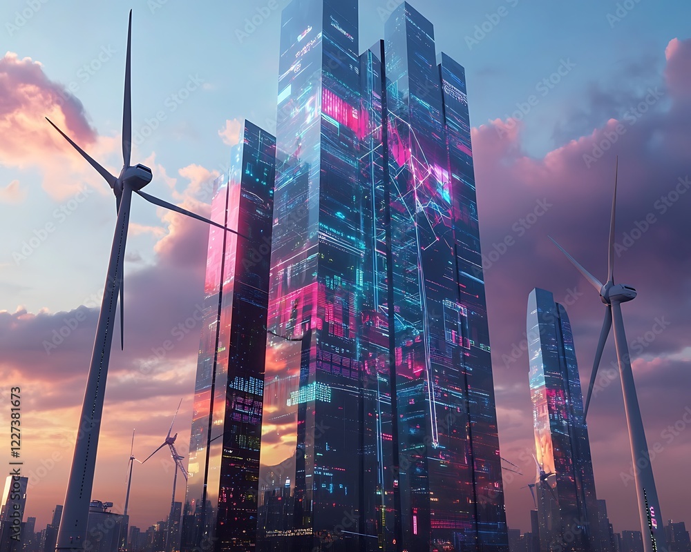 Poster a futuristic ai-driven skyscraper featuring holographic designs in a modern urban setting.