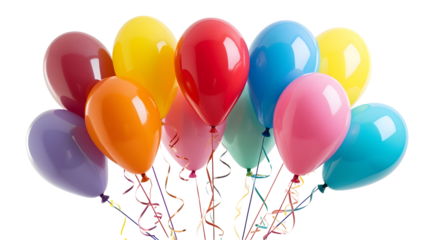 Colorful party balloons isolated on transparent background. Happy birthday concept