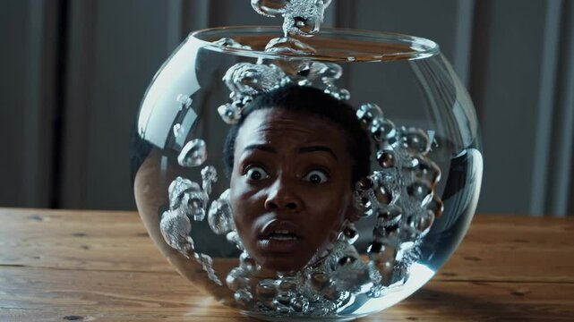 Surreal depiction of a young woman gasping for air, head submerged in a fishbowl filled with water and bubbles, highlighting themes of confinement and suffocation